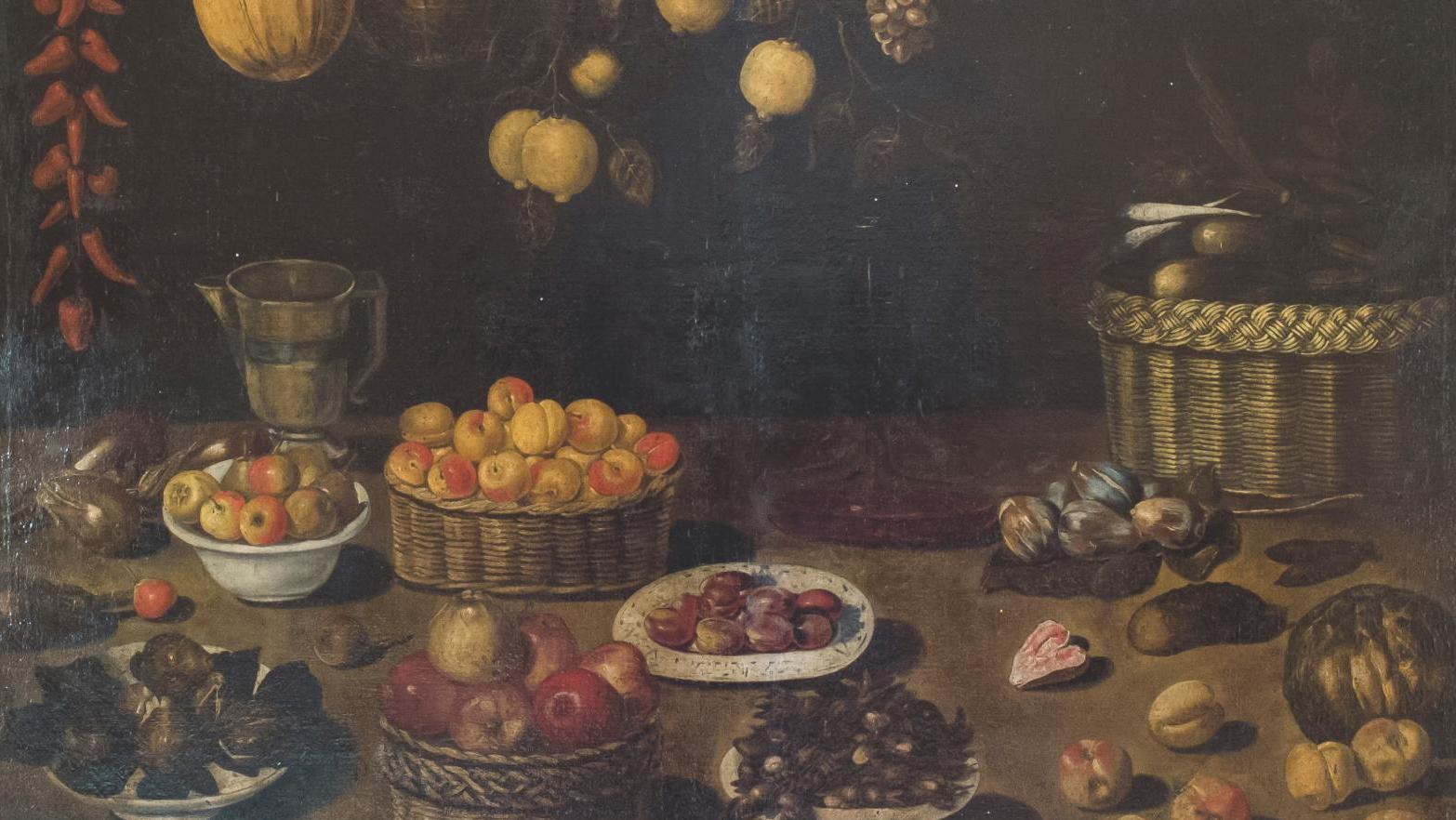 École espagnole vers 1640, entourage de Blas de Ledesma, Plats et corbeilles de fruits... Tous les fruits d’Espagne en une nature morte 