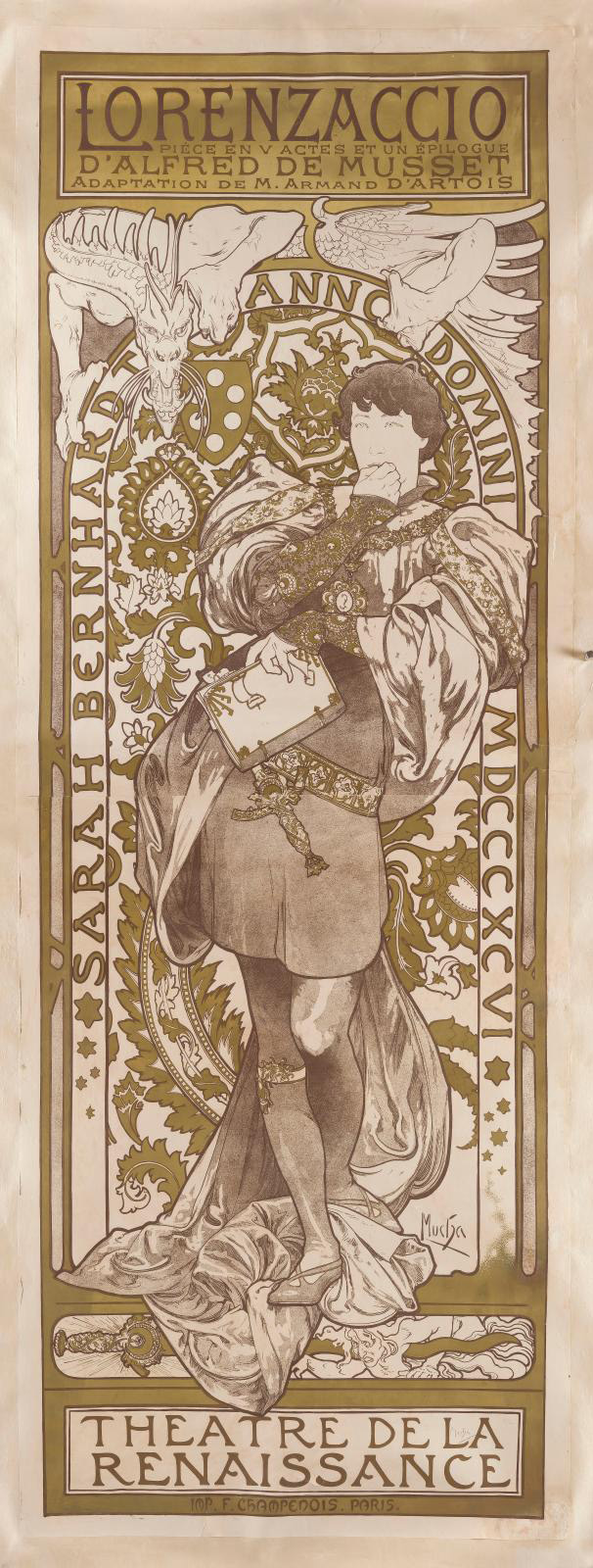 One of the best-known works by Alfons Mucha (1860-1939), his 1896 poster for Alfred de Musset's five-act play Lorenzaccio (207 x 77 cm/81.