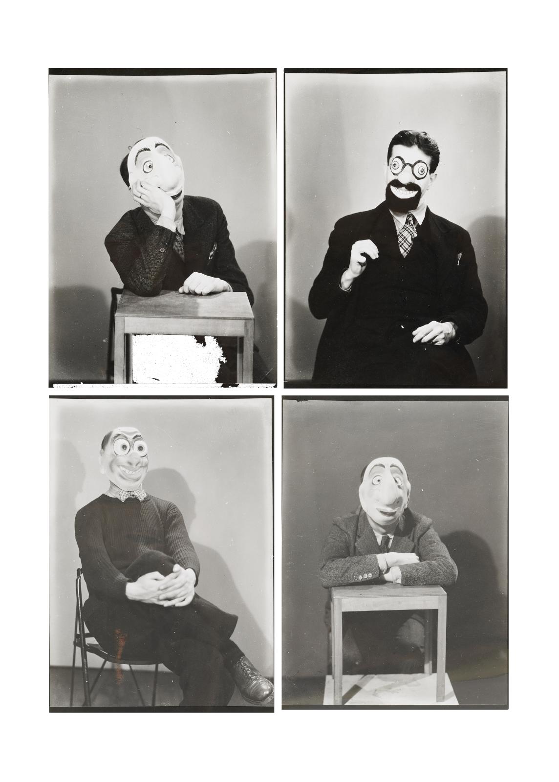Jacques-André Boiffard (1902-1961), Masques de carnaval, portés par Pierre Prévert, 1930, quatre épreuves gélatino-argentiques, vers 1960,