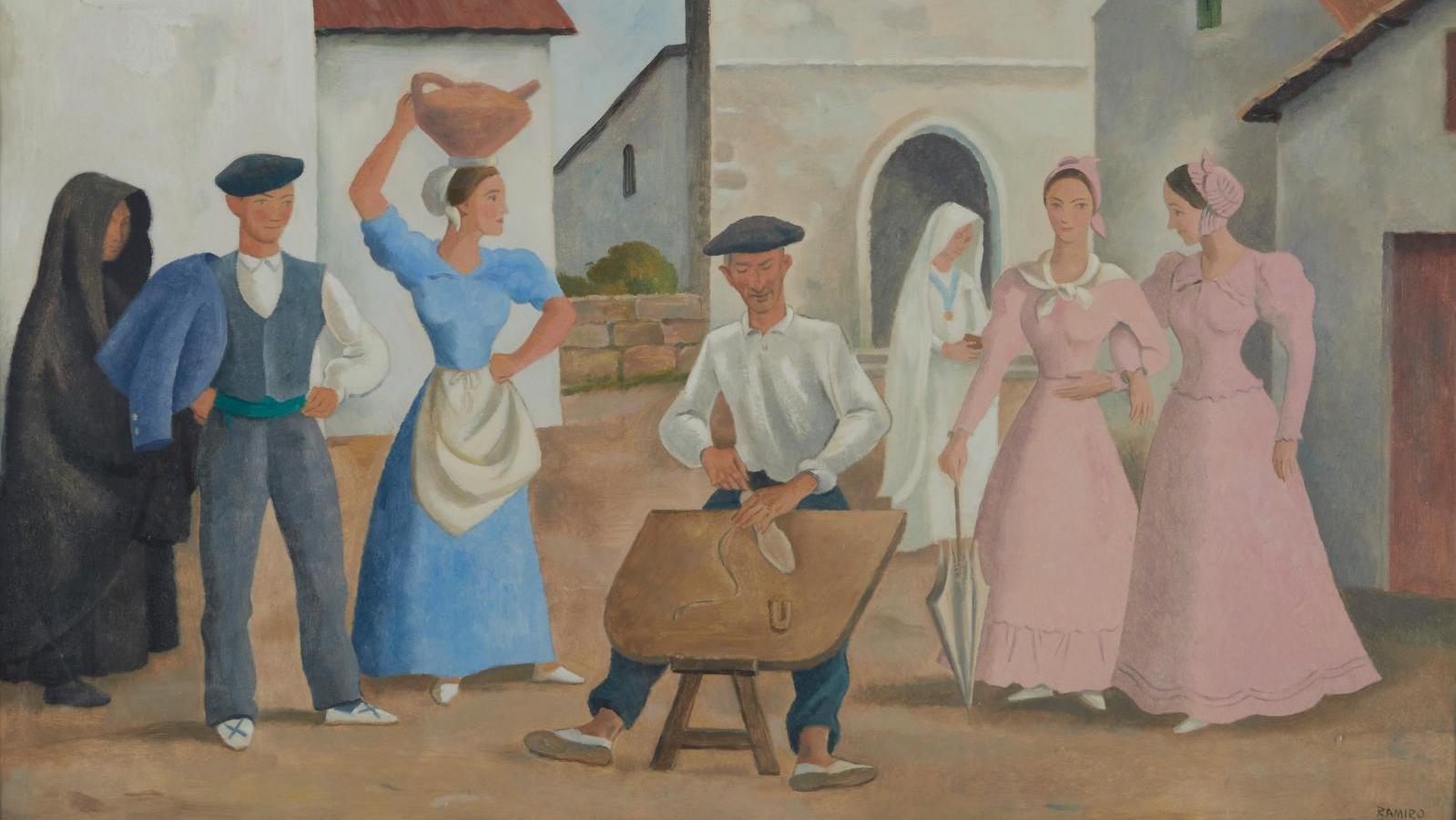 Ramiro Arrue (1892-1971), Place du village ou La Sortie du dimanche, gouache signée,... Les amitiés artistiques basques