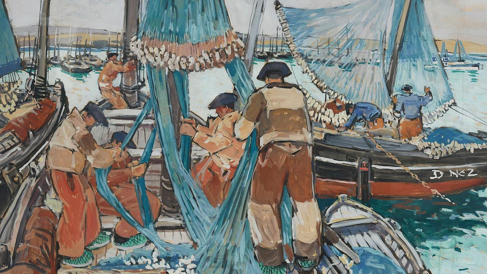 Mathurin Méheut (1882-1958), Pêcheurs de Douarnenez remaillant leurs filets, gouache... Mathurin Méheut chez les sardiniers