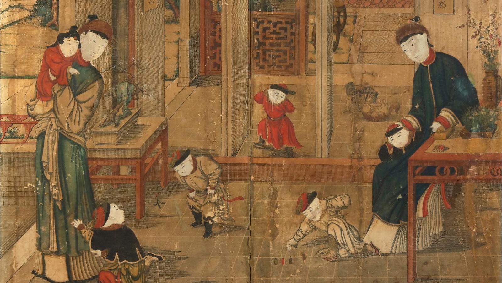 Chine, vers 1900. Deux panneaux réunis en un cadre d’un ensemble de cinq panneaux... Un aperçu des loisirs chinois