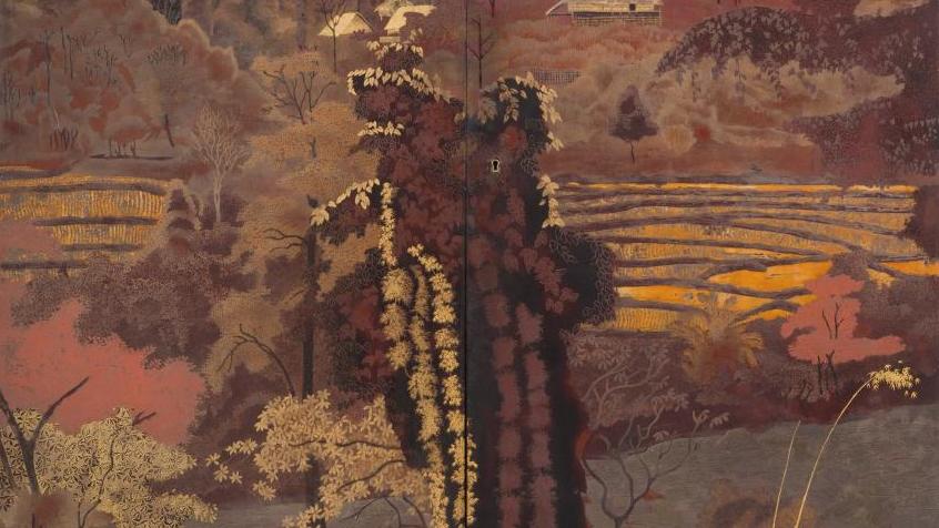 Lê Quoc Loc (1918-1987), armoire en bois laqué polychrome et rehauts d’or ouvrant... Rouge et or pour le Vietnam, bleu et blanc pour la Chine
