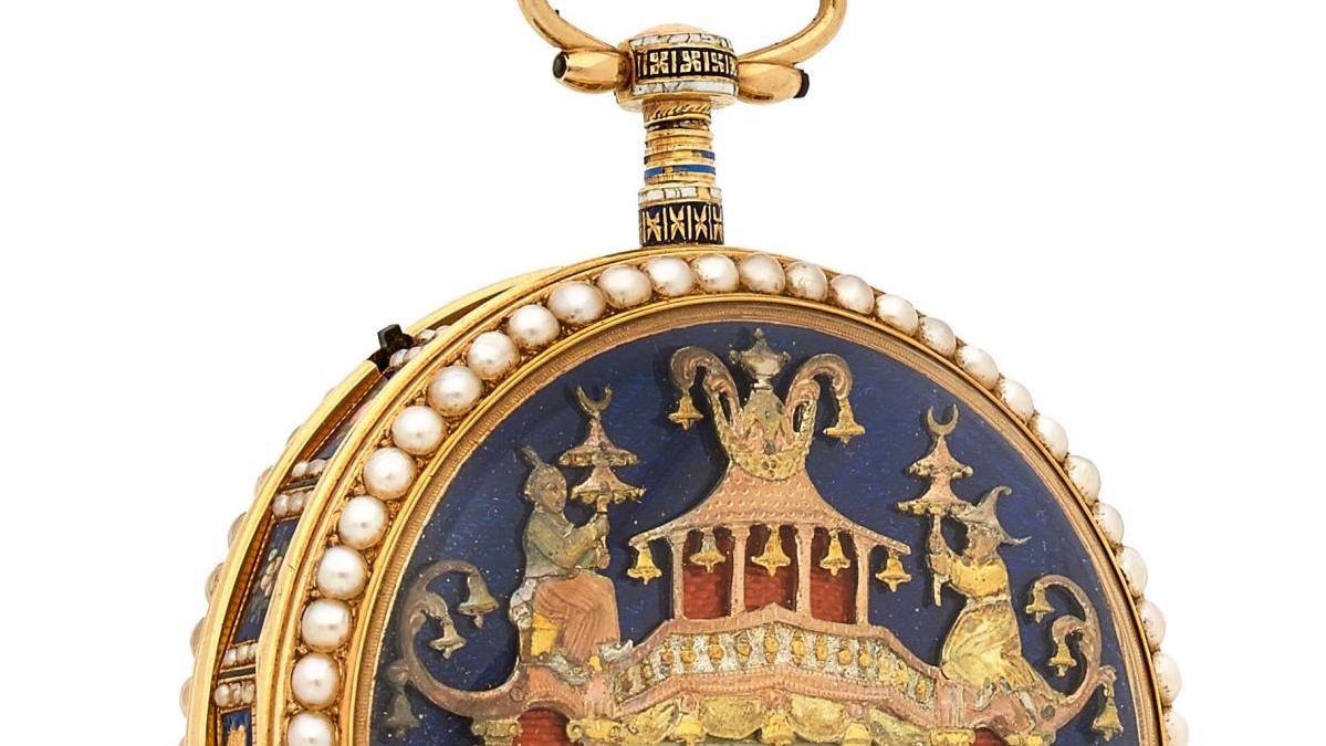 Suisse, vers 1800. Montre à musique avec automates en or et émail polychrome, sertie... À l’heure suisse
