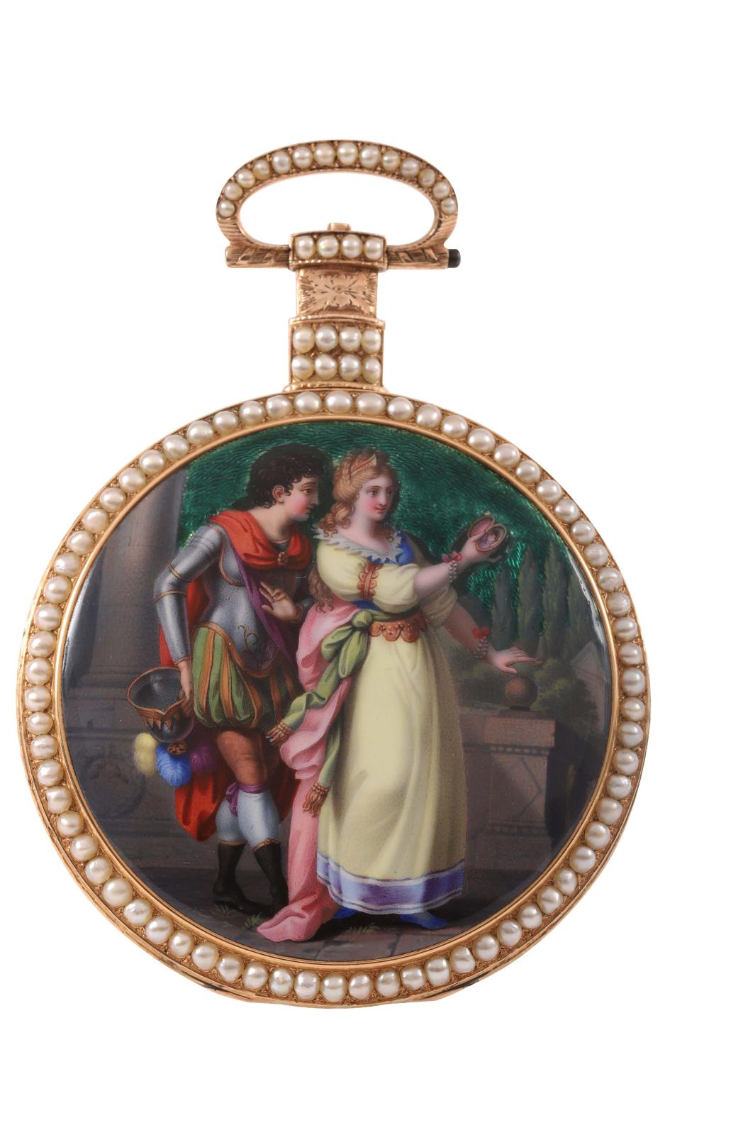 William Ilbéry (vers 1780-1839), montre en or émaillé à duplex d’une scène présentant un couple vêtu à l’antique regardant un portrait miniature, cadr
