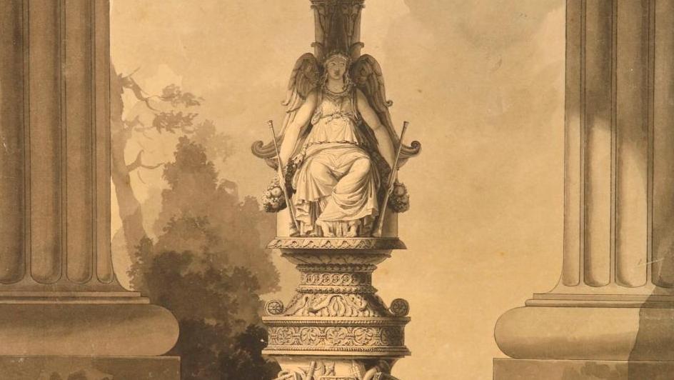 Jean-Guillaume Moitte (1746-1810), Un candélabre, plume et encre de Chine, lavis... Jean-Guillaume Moitte et sa pompe prérévolutionnaire