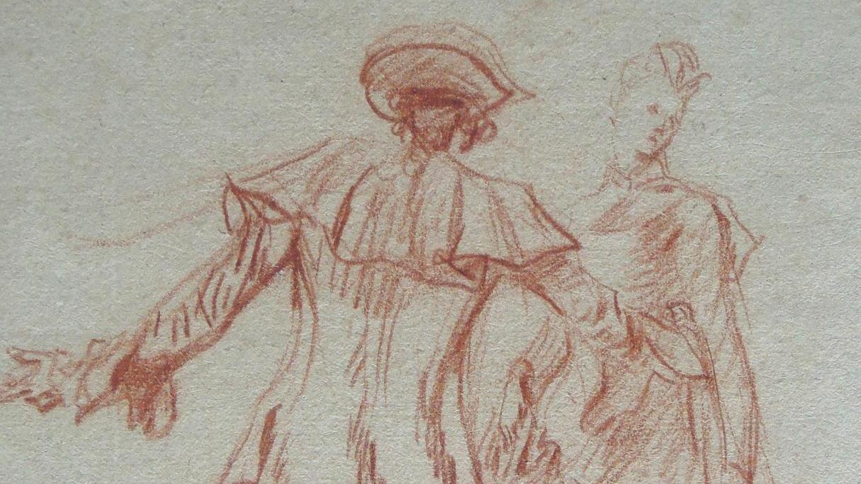 Jean-Antoine Watteau (1684-1721), Étude pour les deux figures centrales de «L’Embarquement... Succès pour un couple mythique de Watteau