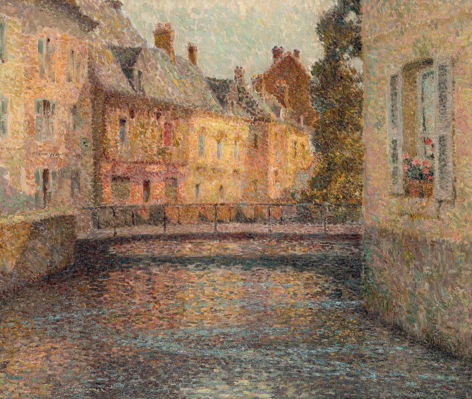 Henri Le Sidaner (1862-1939), Le Canal, soleil, Gisors (Les Maisons sur la rivière), 1913, huile sur toile signée, 54 x 65 cm (détail). Ad