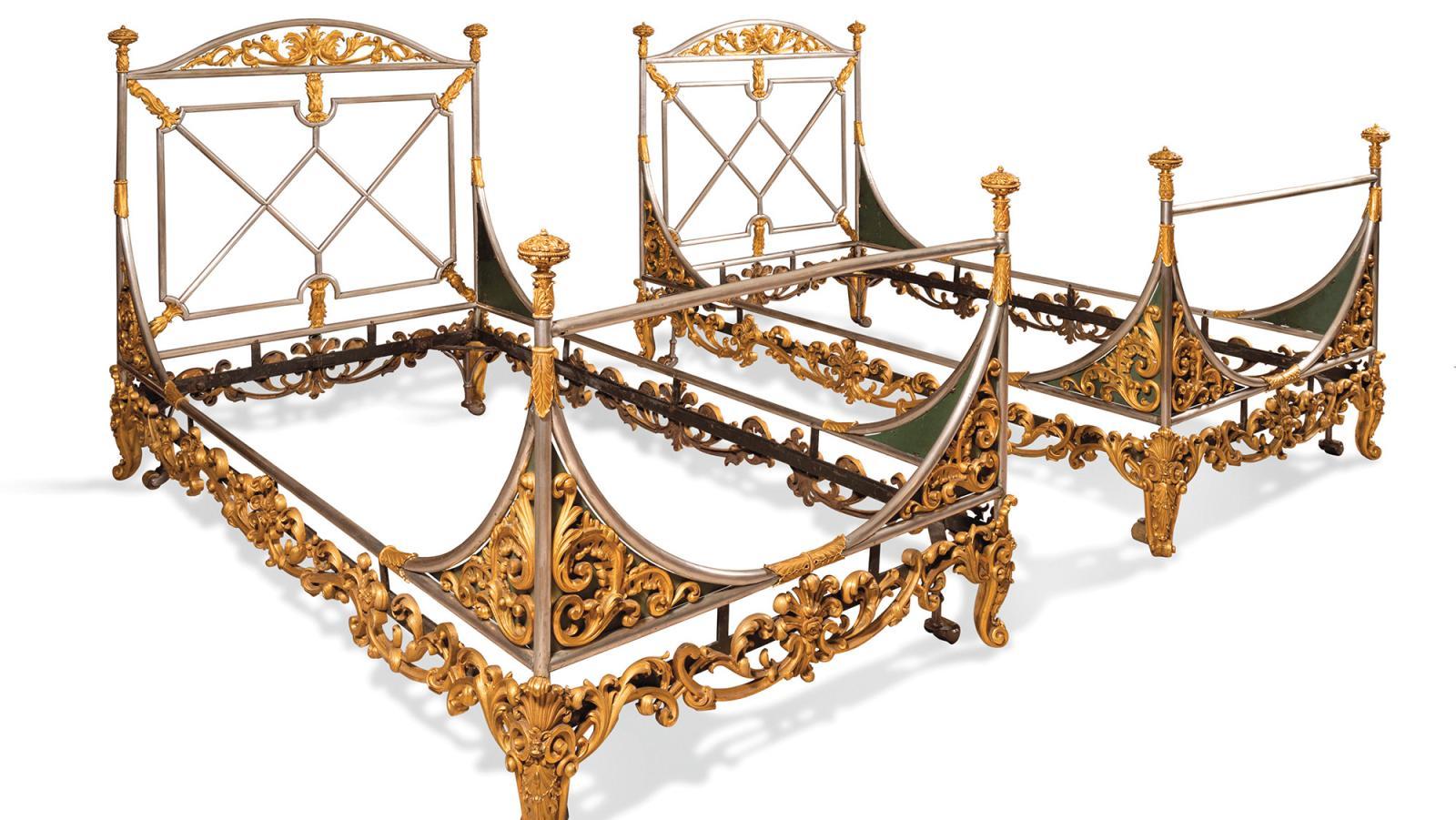 C. 1830, pair of iron and gilt bronze beds, gilt bronze, polished steel, wrought-iron... Spectacular Rococo Beds 