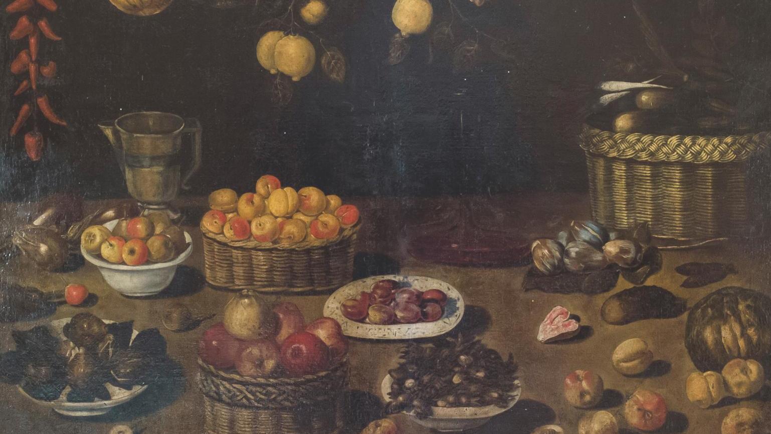 Spanish school, c. 1640, followers of Blas de Ledesma, Dishes and fruit baskets with... 17th-century Fruits of Spain