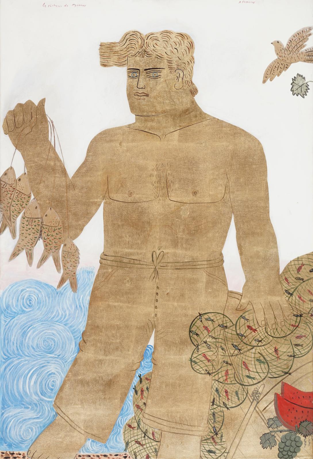 Alekos Fassianos (1935-2022), Le Pêcheur de Myconos, technique mixte, peinture et feuilles d’or sur toile, 130 x 89 cm, (détail).Estimatio