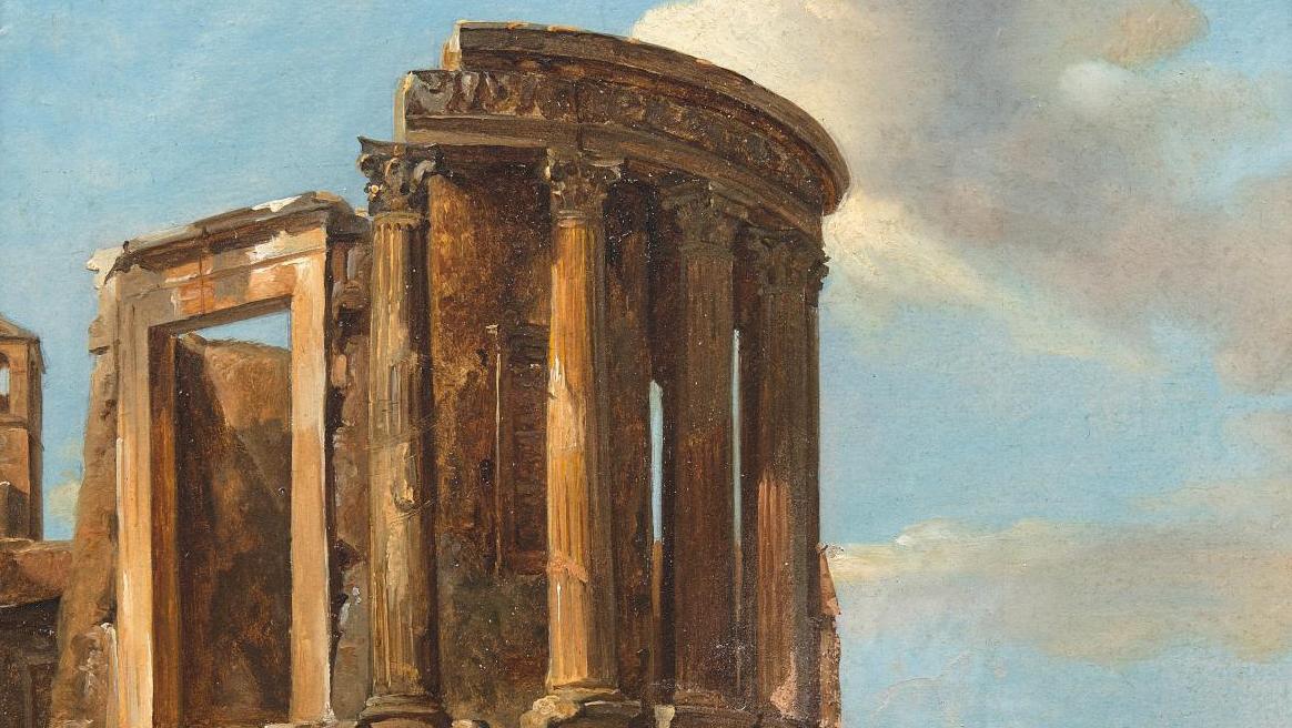 Auguste Jean-Baptiste Vinchon (1787-1855), Le Temple de Vesta à Tivoli, papier marouflé... Les souvenirs d’Italie du peintre Vinchon