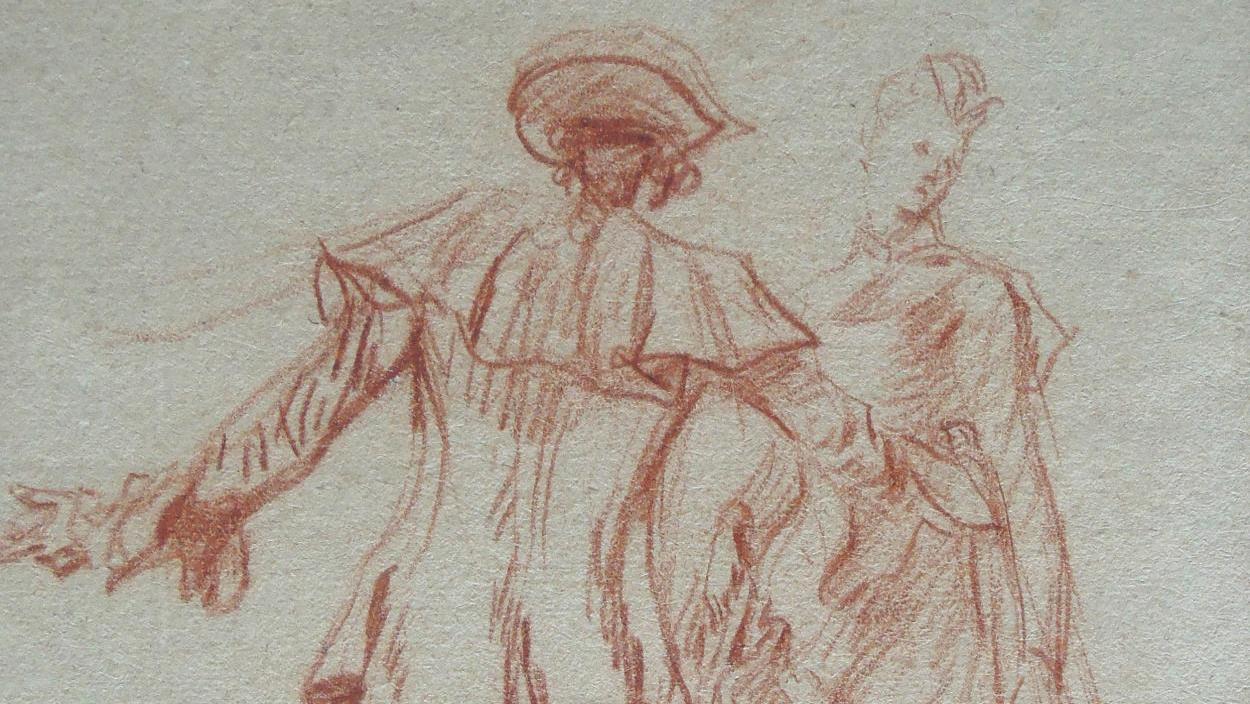Jean-Antoine Watteau (1684–1721), Étude pour les deux figures centrales de "L'Embarquement... Success for a Mythical Couple by Watteau