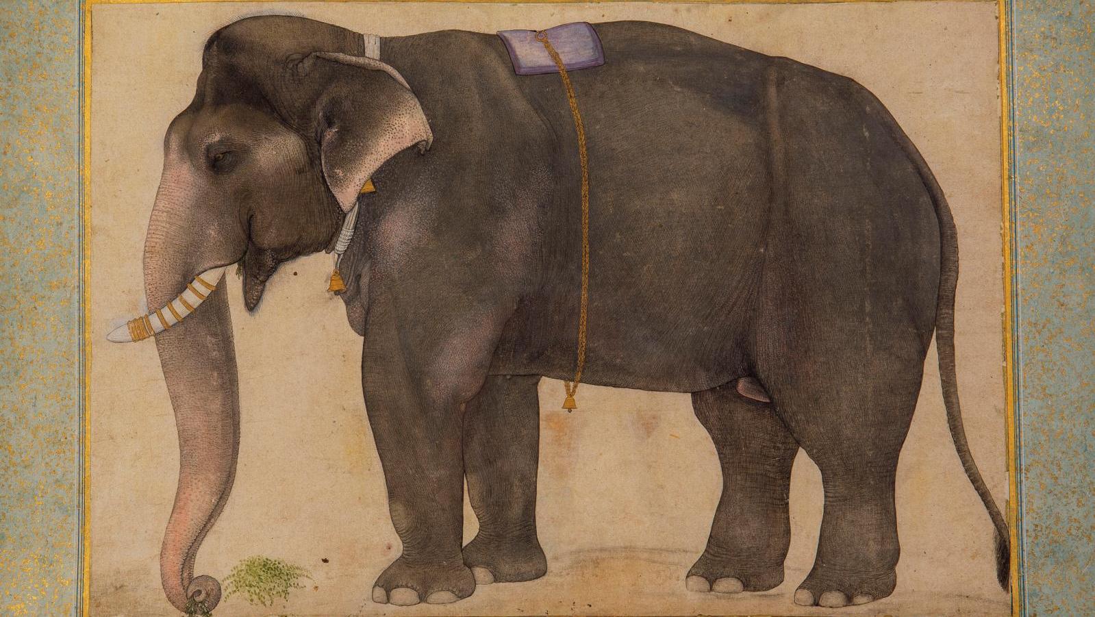 École indienne du XVIIIe siècle, Éléphant au grelot, gouache sur papier, 25,5 x 37,5 cm.... Du XVIIIe siècle à l’art déco