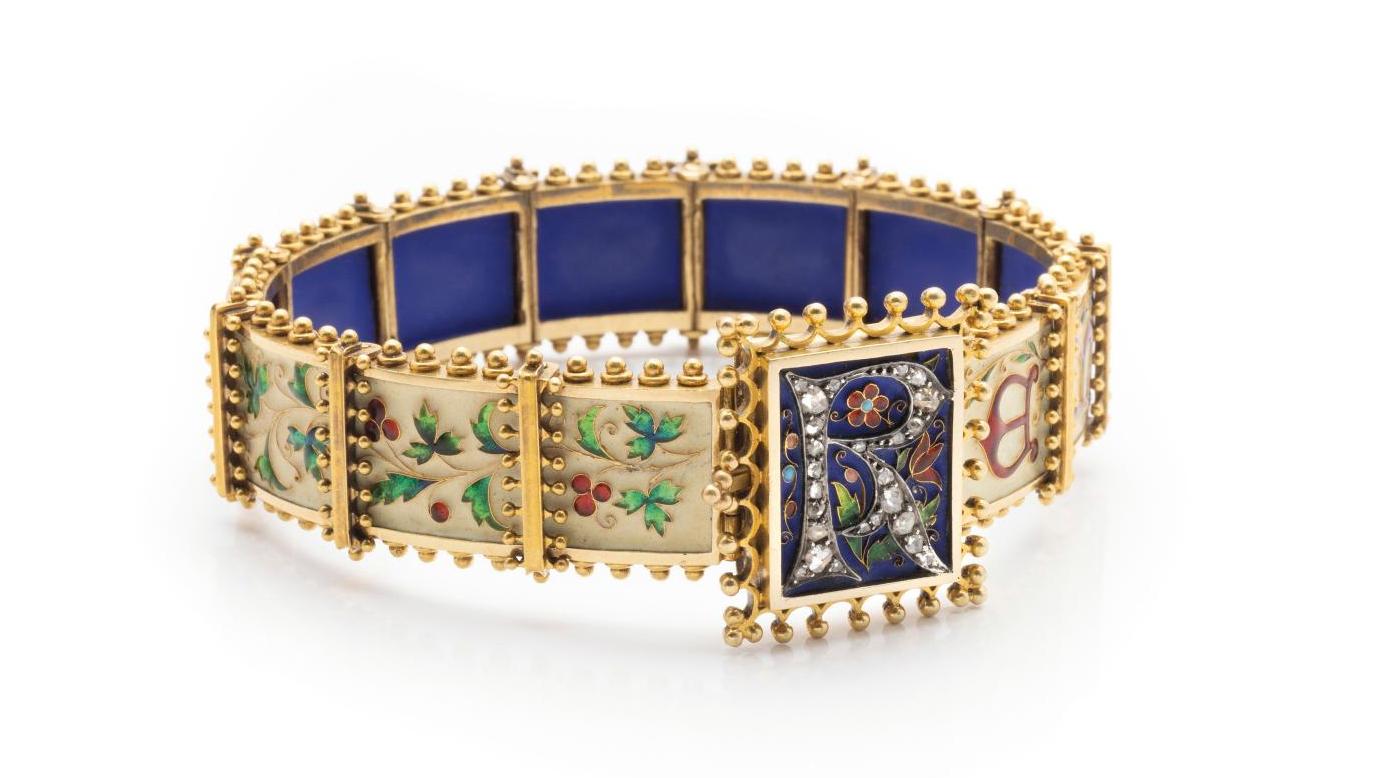 Lucien Falize (1839-1897), bracelet à devises en or composé de douze maillons en... Bijou à devises signé de Lucien Falize
