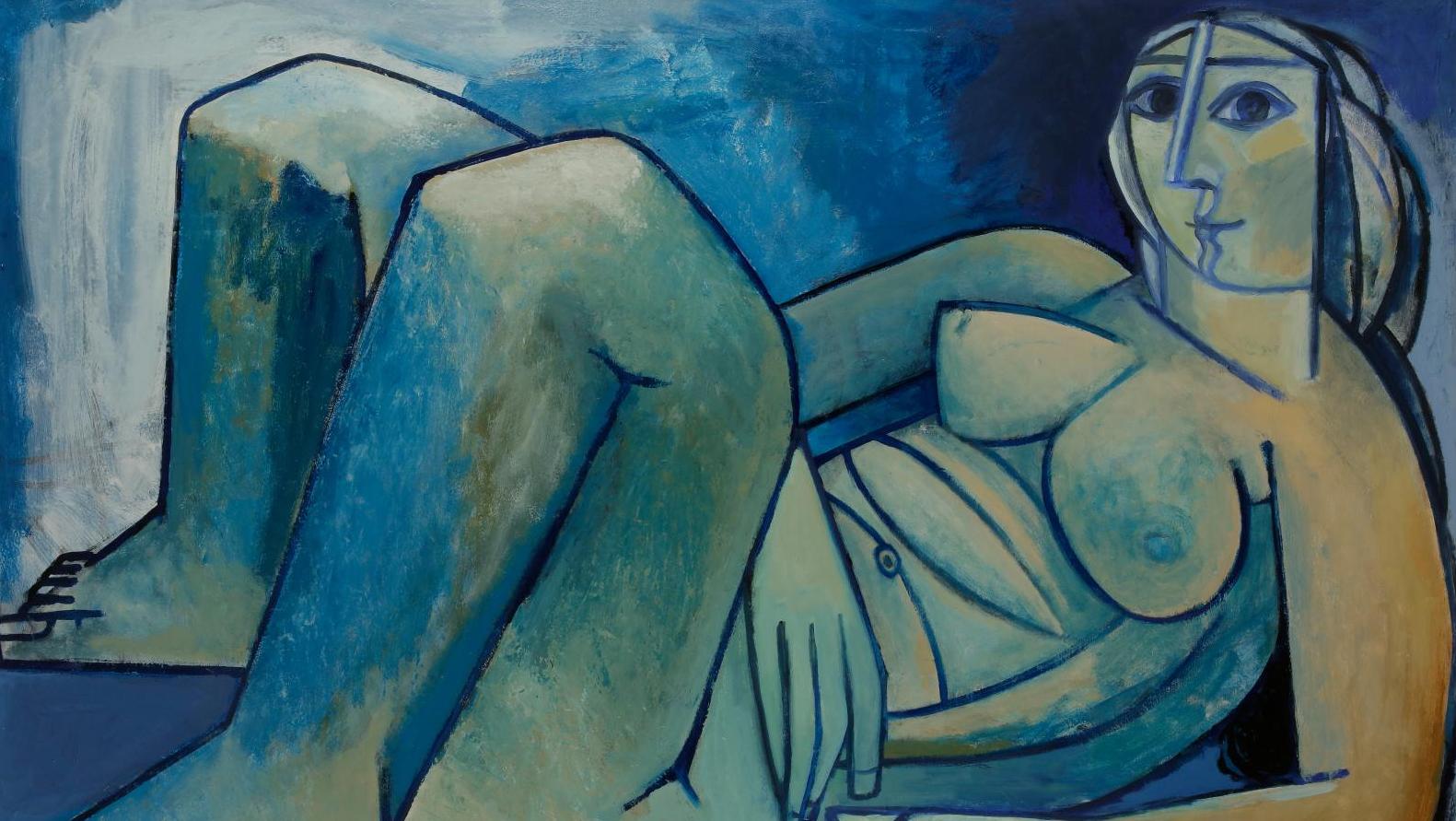 Georges-Henri Pescadère (1915-2003), Nu bleu, 1990-2001, huile sur panneau, 99 x 143 cm.... L’atelier Georges-Henri Pescadère