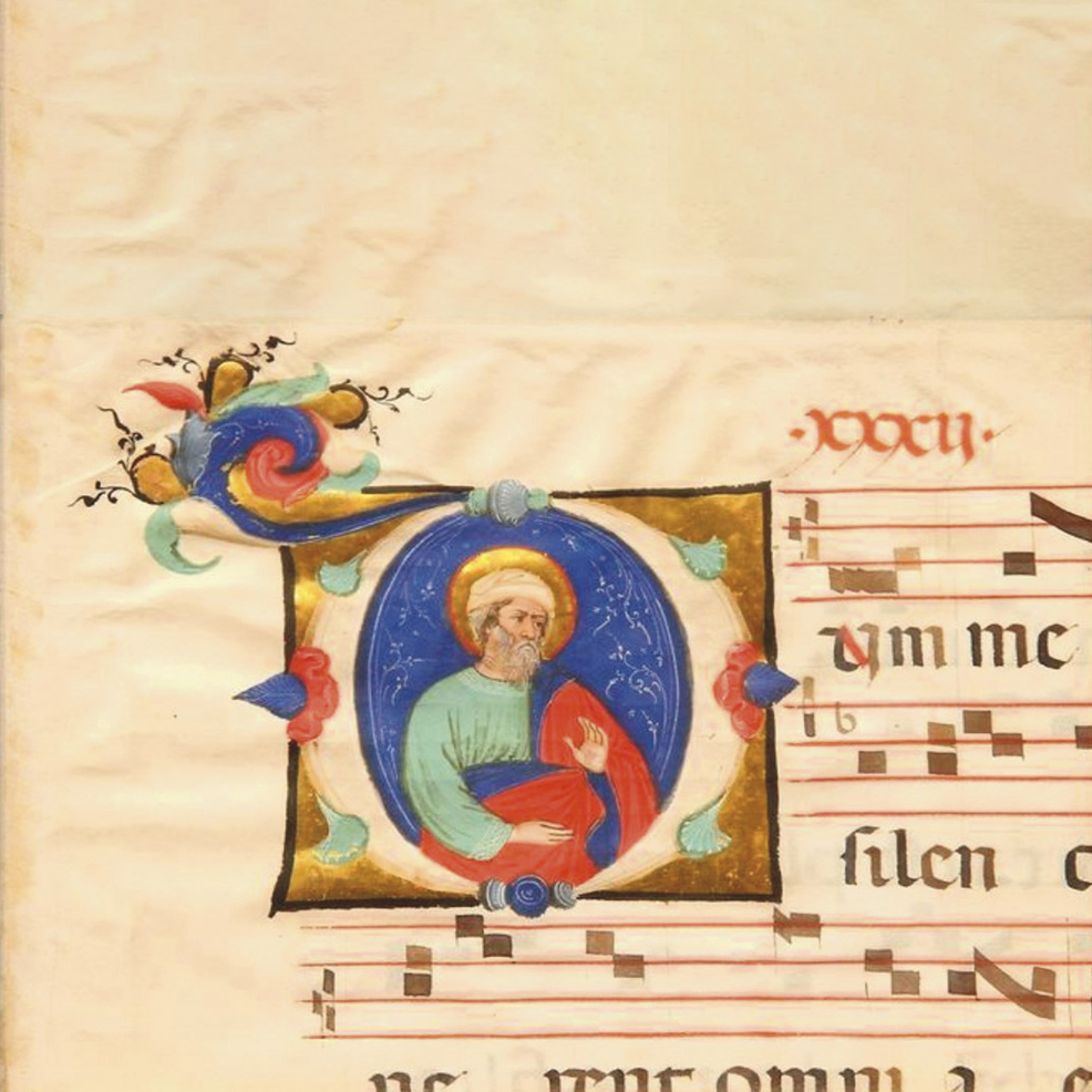 €7,018Biblical or evangelical figure, gouache and gold illumination on a blue background from an antiphonary page, Florentine school, late