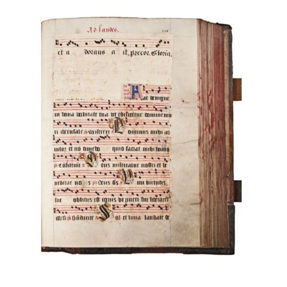€5,880Antiphonary on 16th century parchment, folio, decorated with red and blue lettering and initials decorated with grotesque figures.Pa