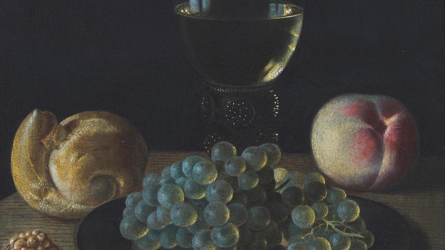 Sébastien Stoskopff (1597-1657) Noix, raisins et roemer sur un entablement, huile... Les vies silencieuses de Sébastien Stoskopff