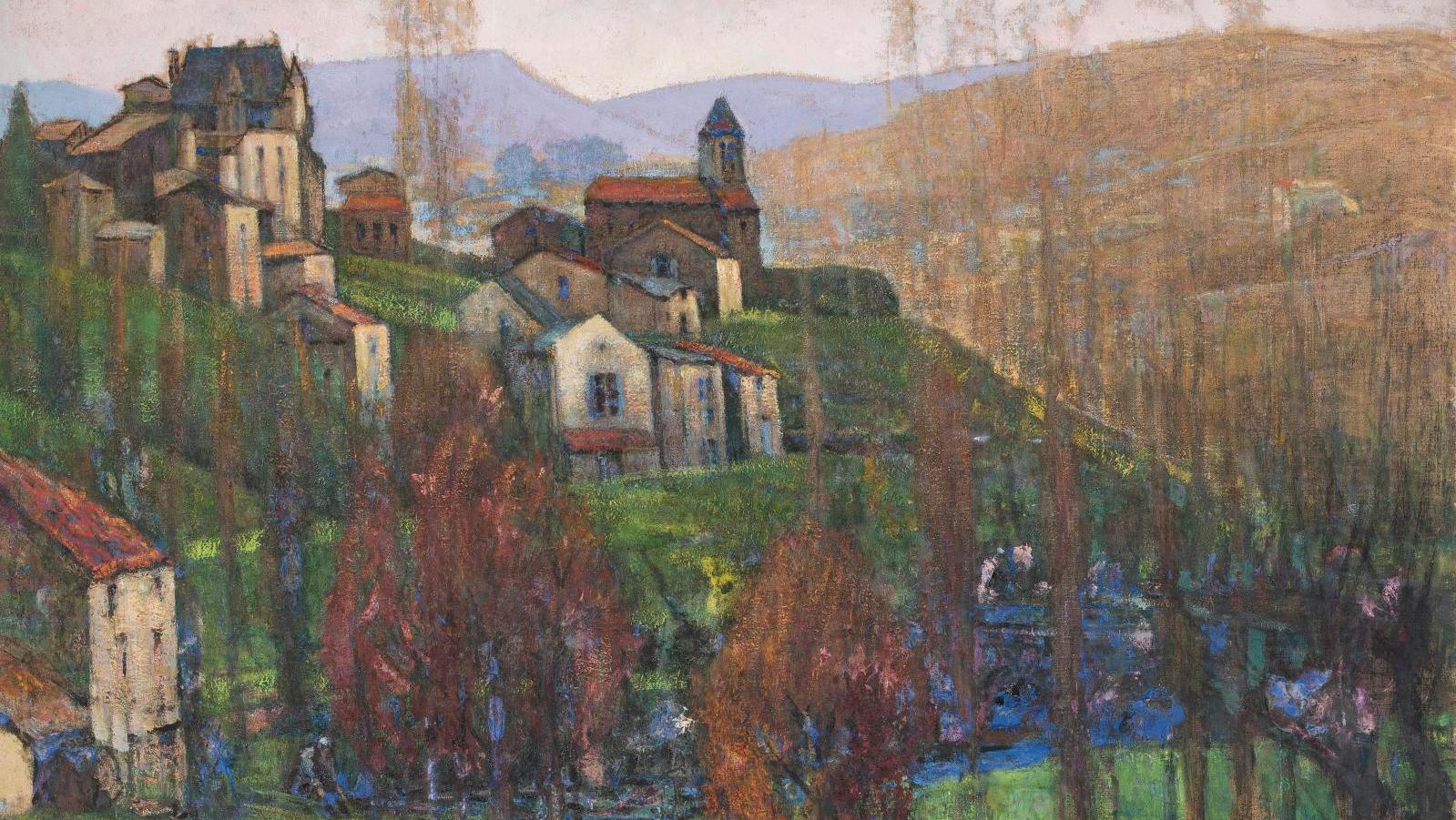 Victor Charreton (1864-1936), Le Château, l’église et le moulin, huile sur toile,... Victor Charreton : destination Auvergne