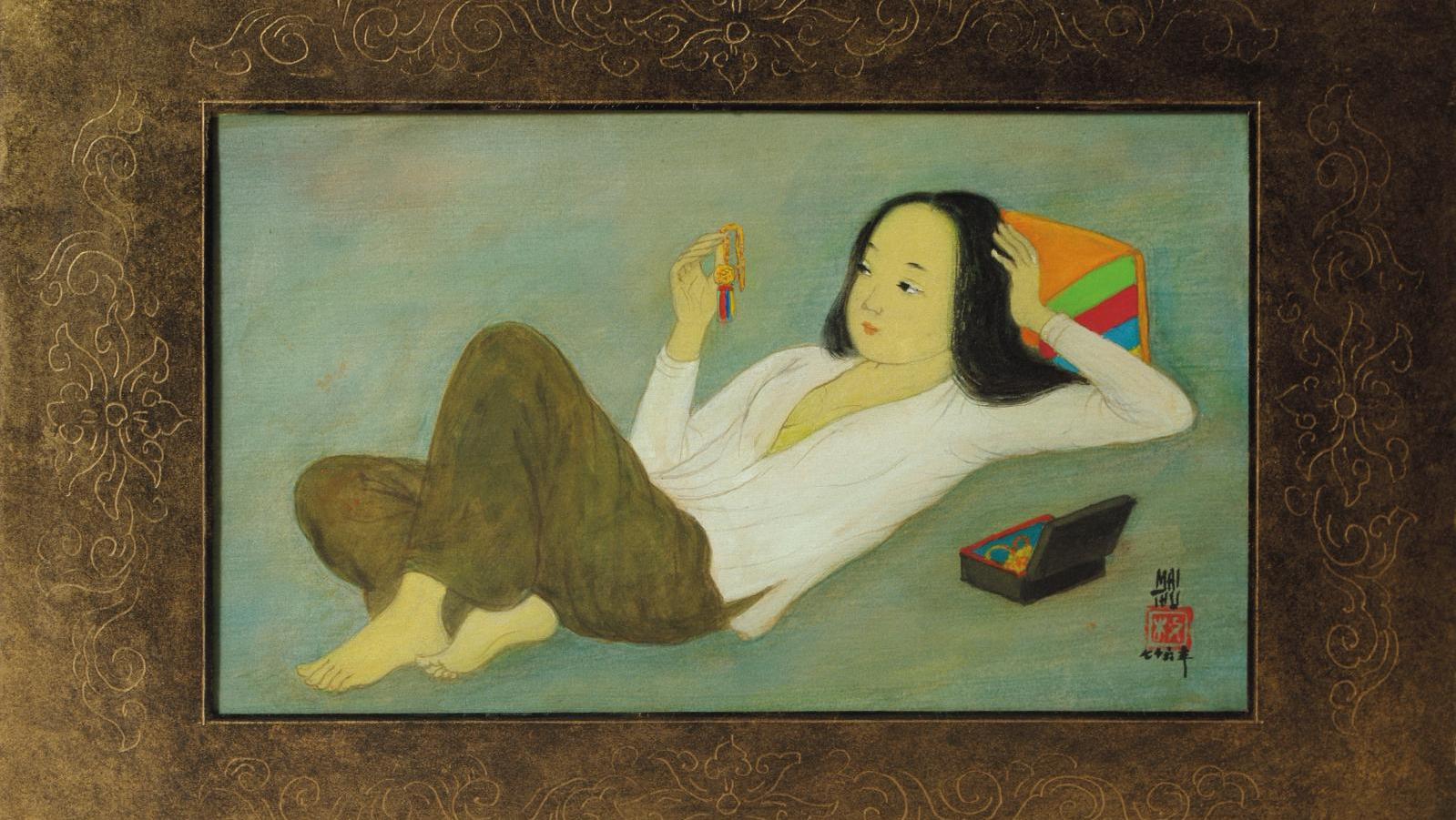 Mai Trung Thu, dit Mai-Thu (1906-1980), Le Pendentif, 1976, encre sur soie, signée... Femmes et enfants par Mai-Thu
