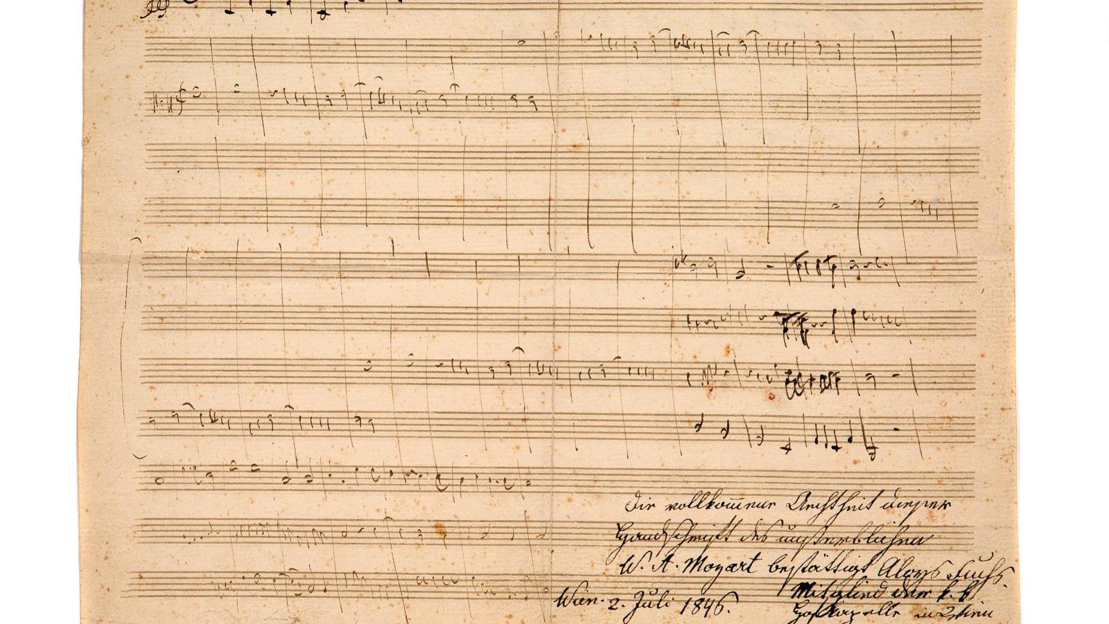 Wolfgang Amadeus Mozart (1756-1791), manuscrit autographe d’esquisses pour une fugue... Mozart et Messiaen bien notés !