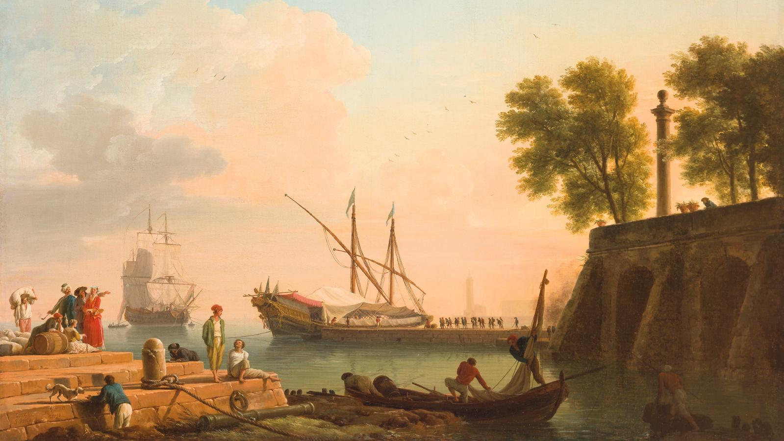 Claude Joseph Vernet (1714-1789), Vue des galères de Naples, 1750, huile sur toile,... Naples, soleil levant par Vernet