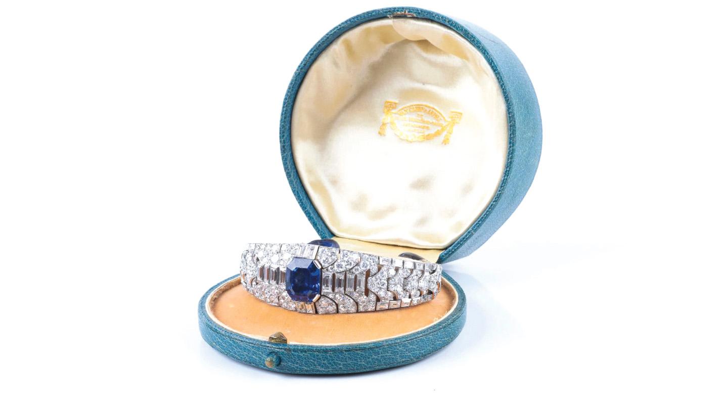 Van Cleef & Arpels, platinum bracelet, canted rectangular-cut sapphire (14.36 x 1.21... Sumptuousness by Van Cleef & Arpels