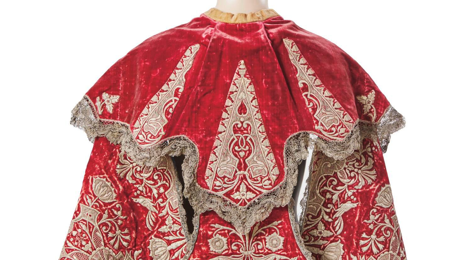 Red velvet cape with three pendants and flap, embroidered with silver and gold threads,... Cardinal Richelieu: An Iron Fist and a Velvet Cape