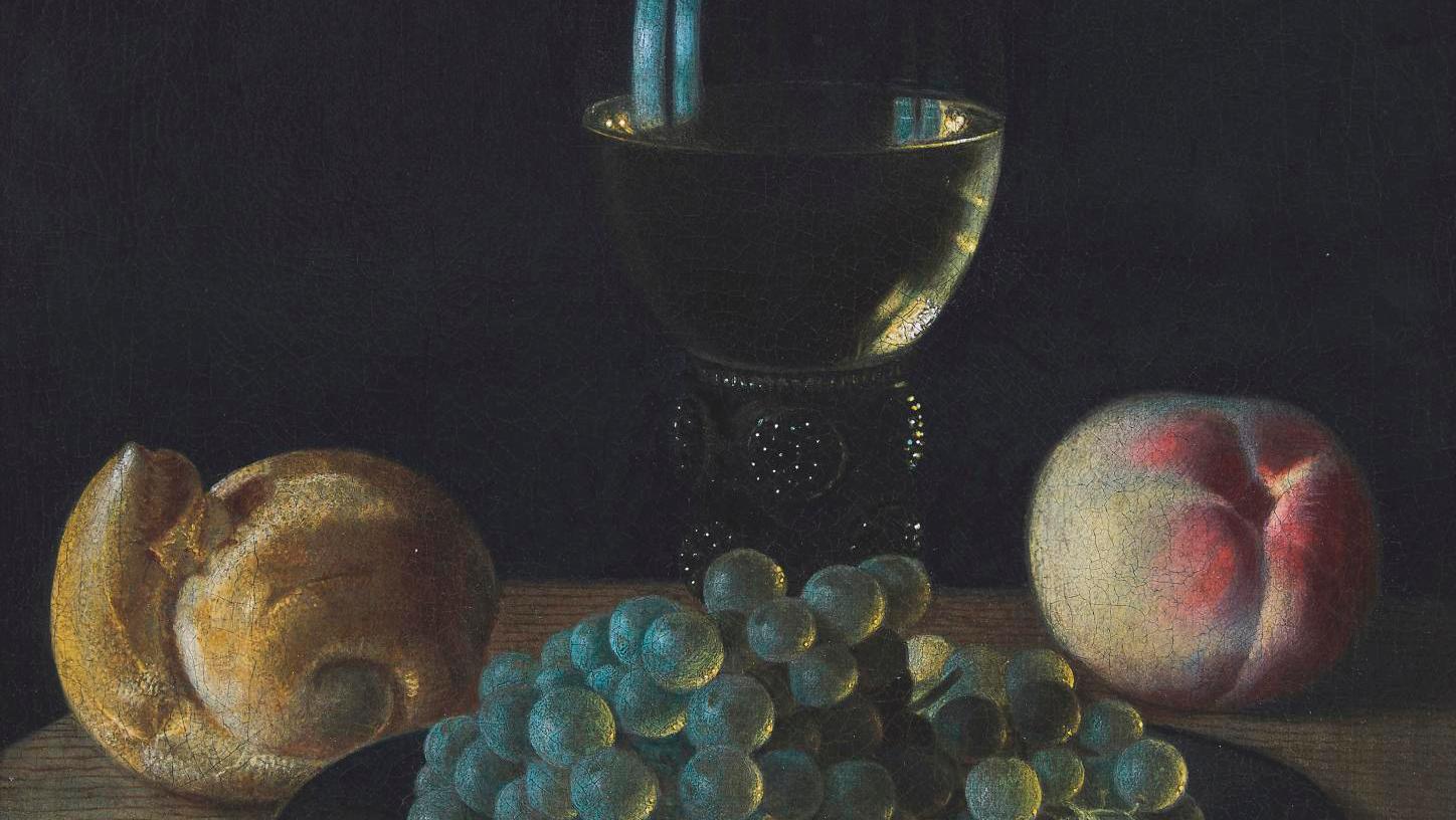 Sébastien Stoskopff (1597-1657), Noix, raisins et roemer sur un entablement (Walnut,... A Silent Still Life by Sébastien Stoskopff 