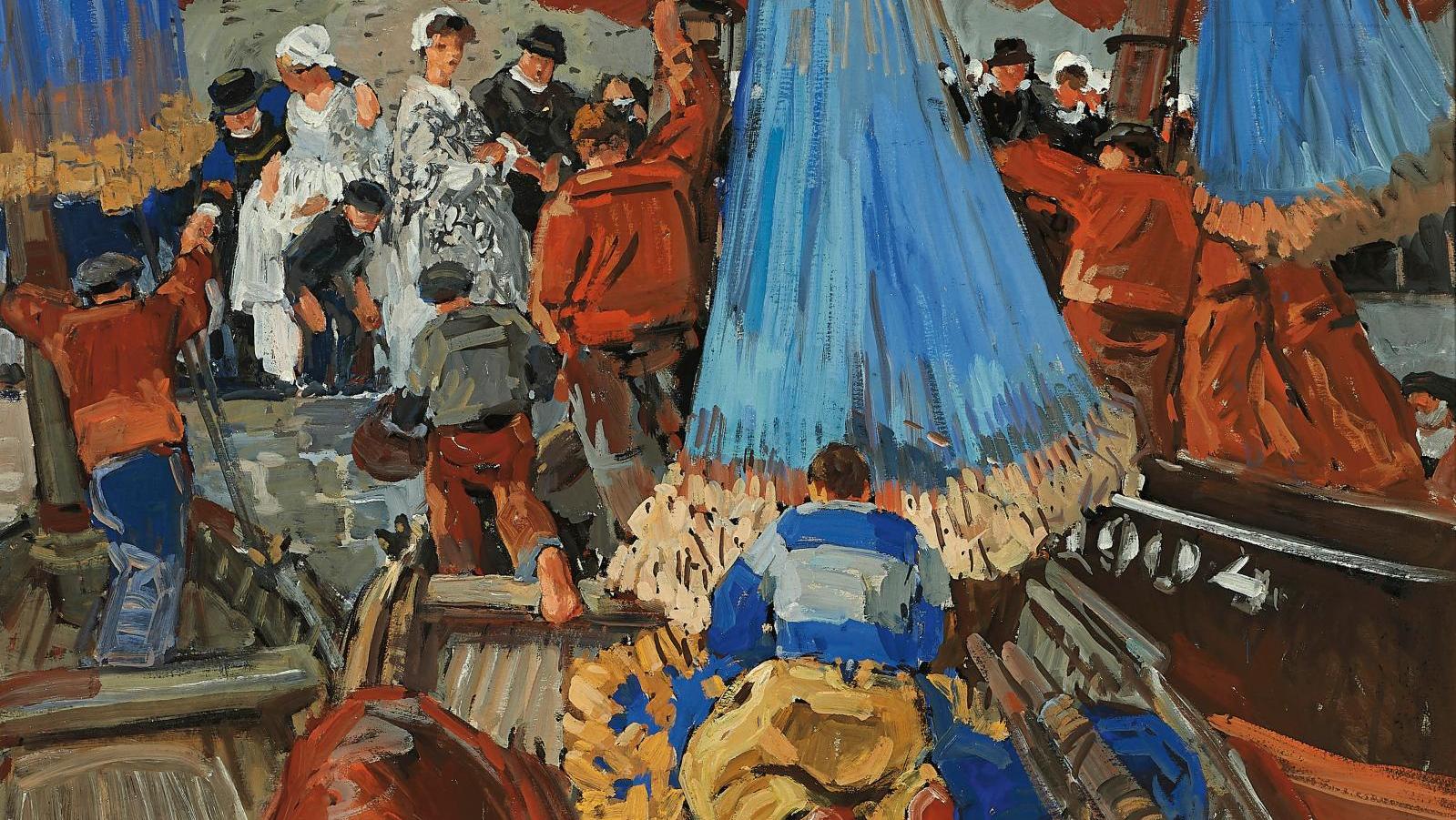 Mathurin Méheut (1882-1958), Les Filets bleus à Douarnenez, caséine sur panneau signée,... A la fête des Filets bleus en compagnie de Mathurin Méheut