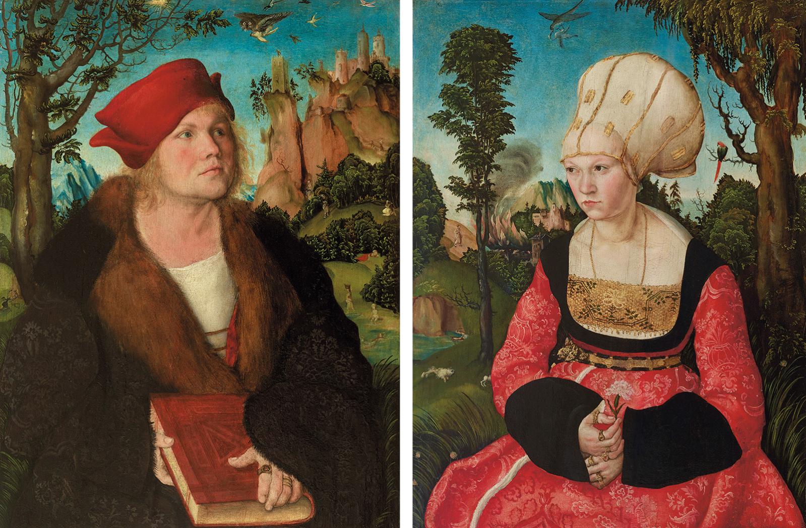 Lucas Cranach l’Ancien, Portraits de Johannes Cuspinian et d’Anna Cuspinian-Putsch, 1502/1503, huile sur panneaux de tilleul, 60 x 45 cm c