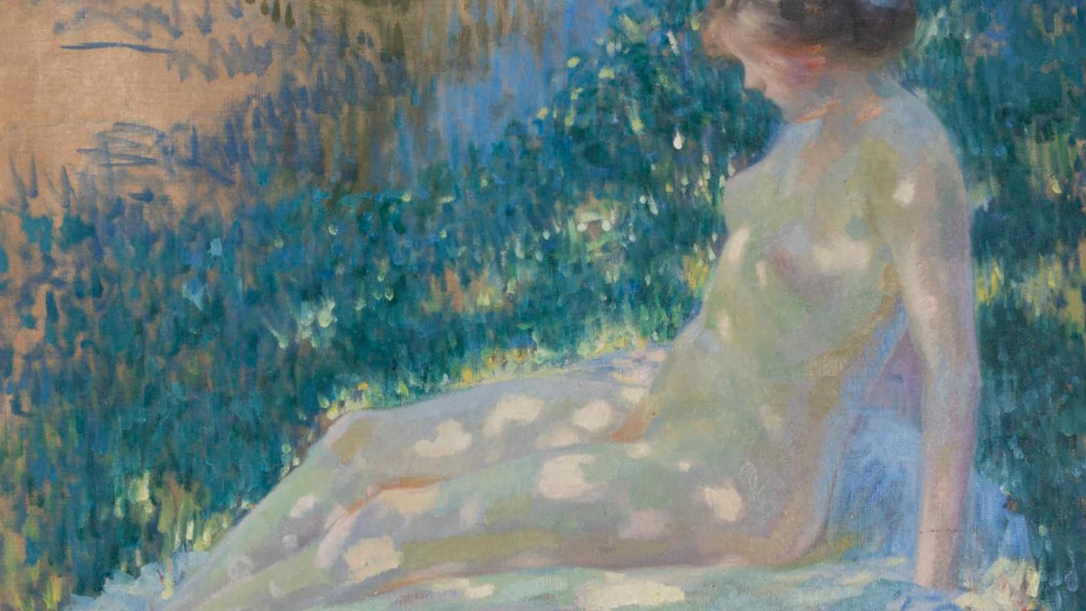 Attribué à Albert Besnard (1849-1934), Jeune femme nue assise dans l’herbe, huile... Lumière sur Albert Besnard