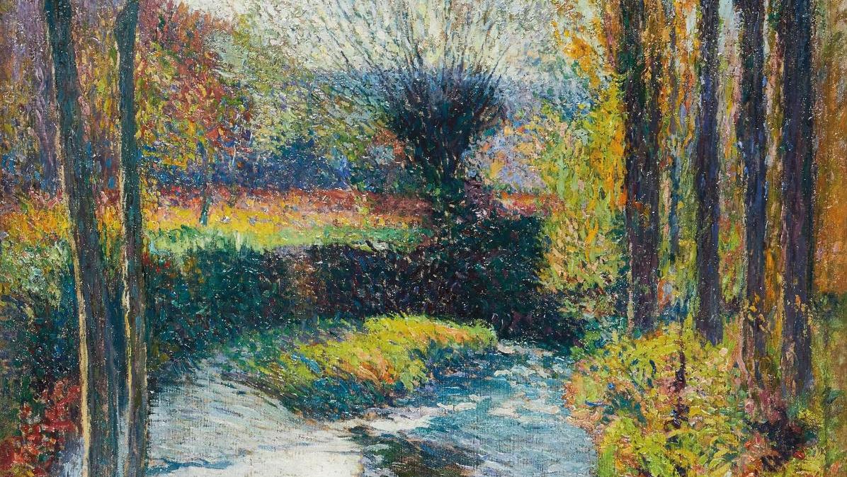 Henri Martin (1860-1943), Le Vert au printemps, huile sur toile signée, 90 x 68 cm.... L’éveil du printemps au long du Vert
