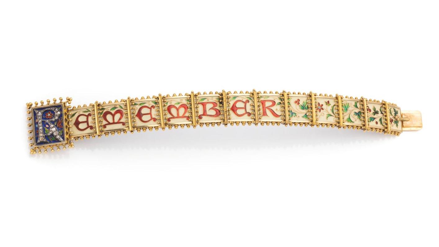 Lucien Falize (1839-1897), bracelet «à devises» en or articulé de douze maillons... Un bracelet de Falize émaillé de souvenirs
