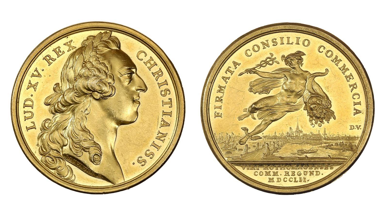 Chambre de commerce de Rouen, 1752. Médaille en or, diam. 4,1 cm, poids 76,52 g.... Le triomphe du Bien-Aimé en médaille