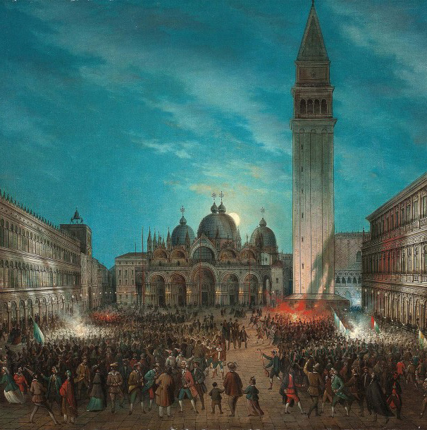 13 388 €Colle Leone (actif en Italie dans la seconde moitié du XIXe siècle), Carnaval sur la place Saint-Marc, toile signée et datée 1878,