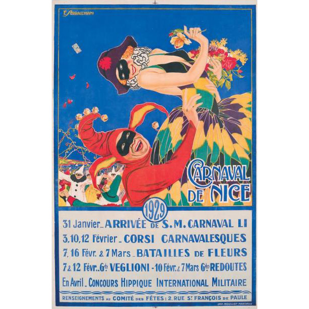 1 115 €François Serracchiani, Carnaval de Nice, 1929, affiche entoilée, imprimerie Moullot, Marseille, 119 x 79 cm.Drouot, 28 novembre 201