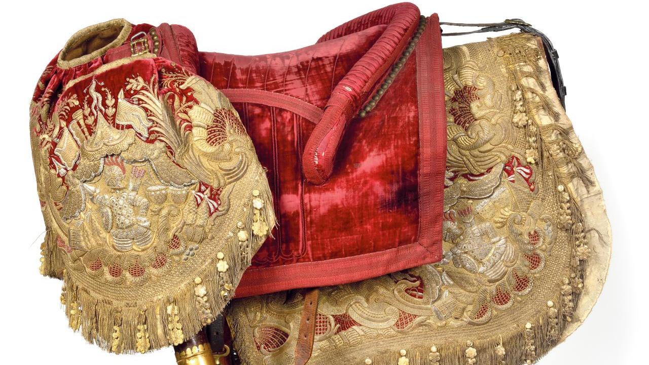 18th century, "à la royale" parade saddle, red velvet cover embroidered with foliage... An 18th-Century Parade Saddle
