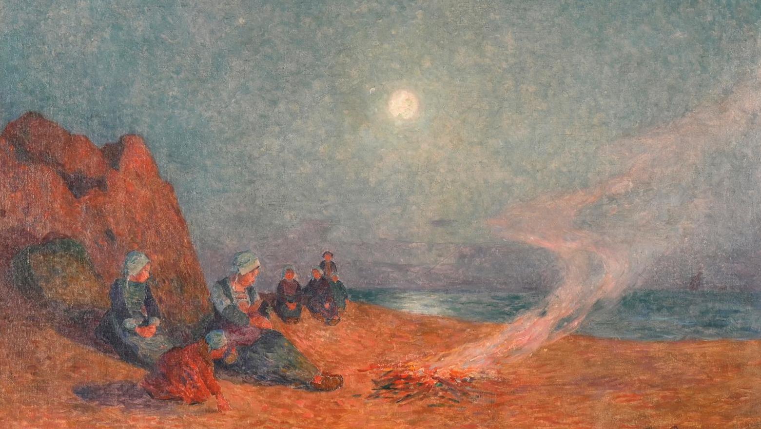 Ferdinand Loyen du Puigaudeau (1864-1930), Le Pouldu, le feu sur la plage, huile... La lumière dans la nuit de Ferdinand Loyen du Puigaudeau