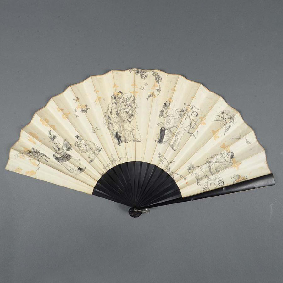 250 €Les Quatre Saisons de Pierrot, vers 1890, feuille double en peau, encre noire, monture en bois, bélière, h. totale : 33 cm.Drouot, 12