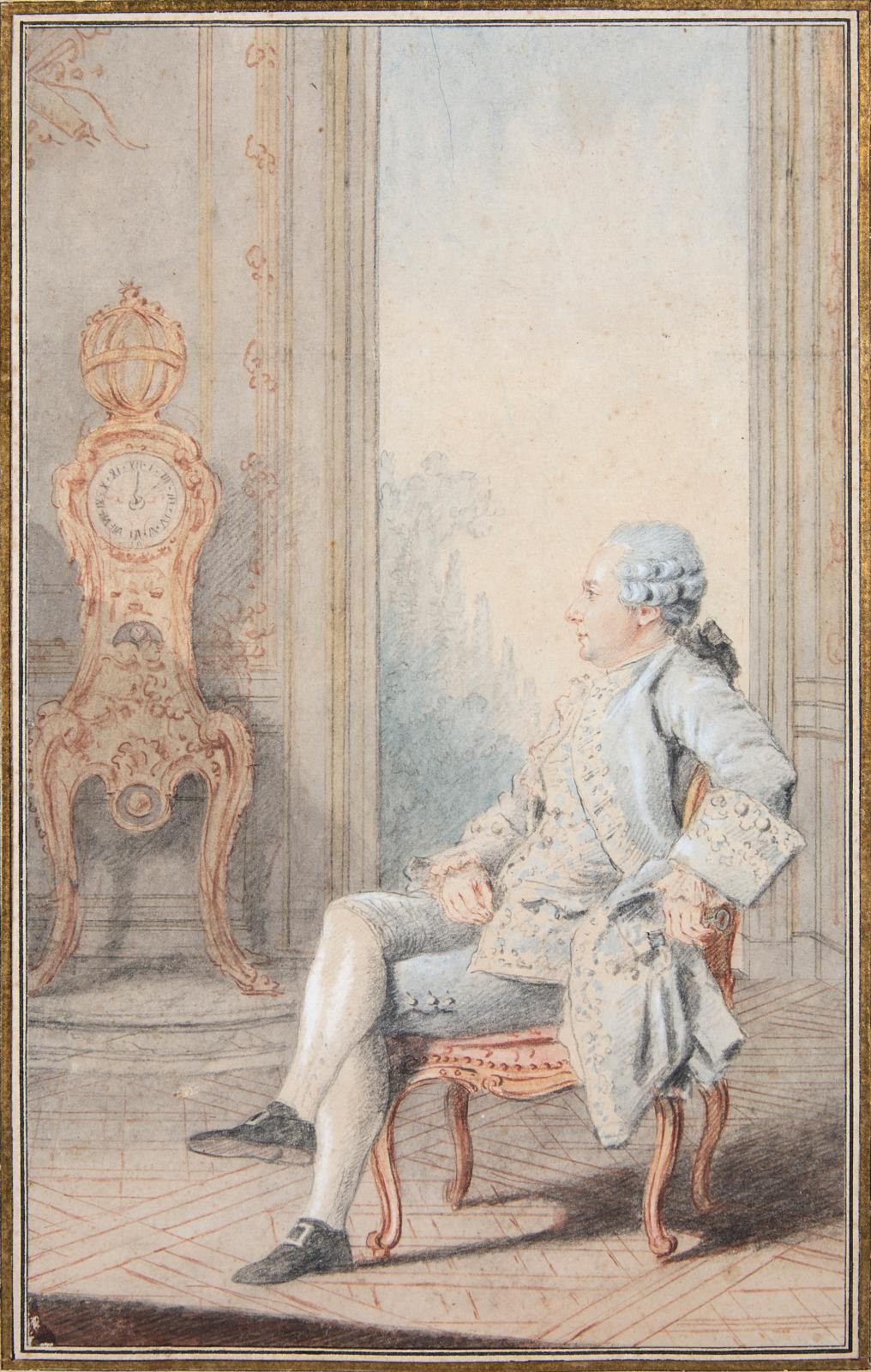 Carmontelle immortalise un valet de Louis XV devant la pendule préférée du roi