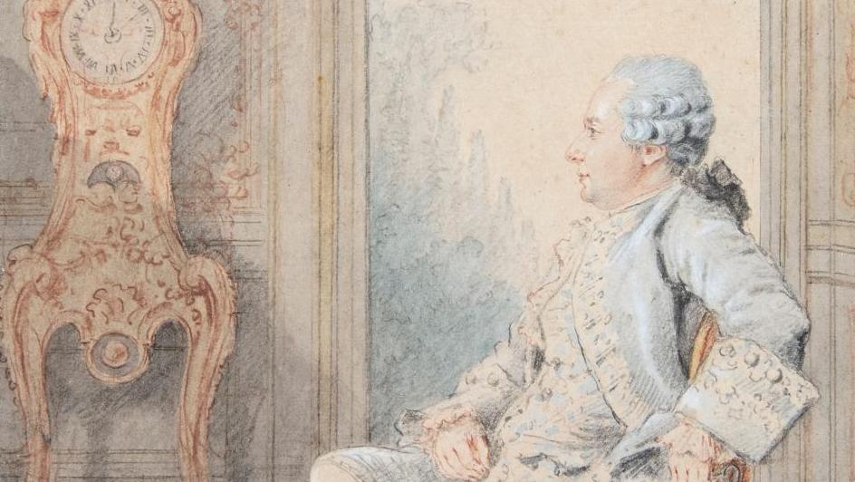 Louis Carrogis, dit Carmontelle (1717-1806), Portrait de Jean-Benjamin de La Borde... Carmontelle immortalise un valet de Louis XV devant la pendule préférée du roi