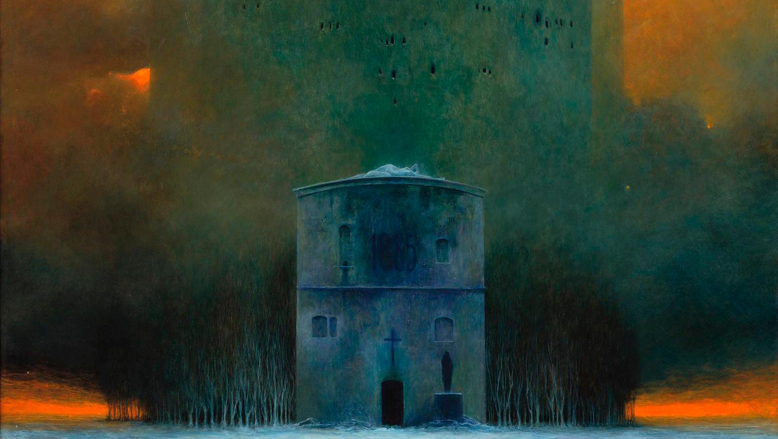 Zdzislaw Beksinski (1929-2005), The Two Towers of 1885, 1980, oil on Isorel, signed... Beksinski, Warhol and Soulages 