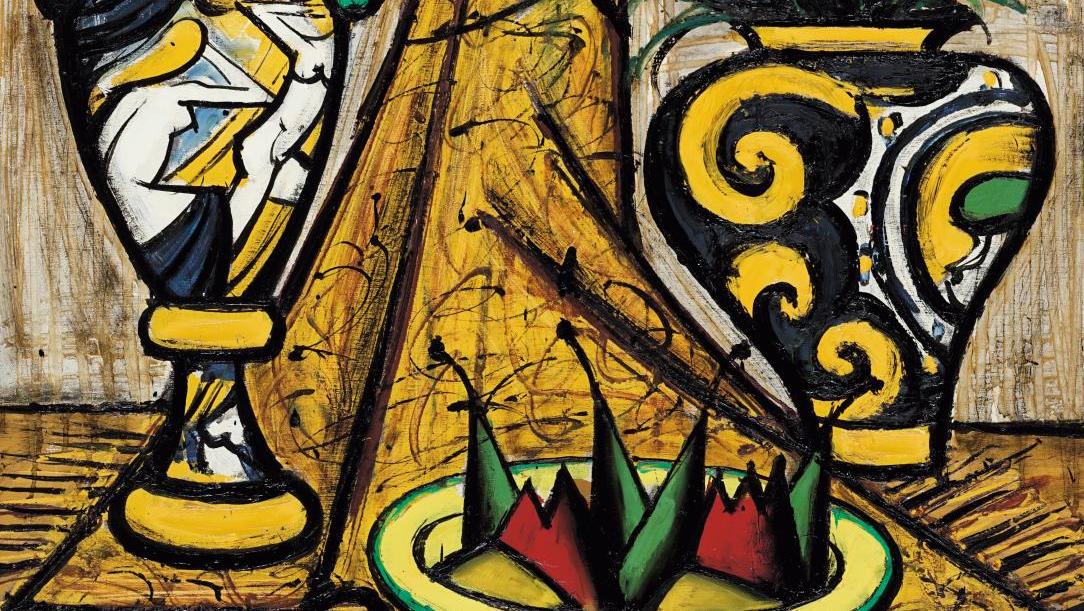 Bernard Buffet (1928-1999), Nature morte aux majoliques, 1988, huile sur toile, 130,5 x 89,5 cm.... Une collection habitée par Buffet, Fassianos et Brayer 