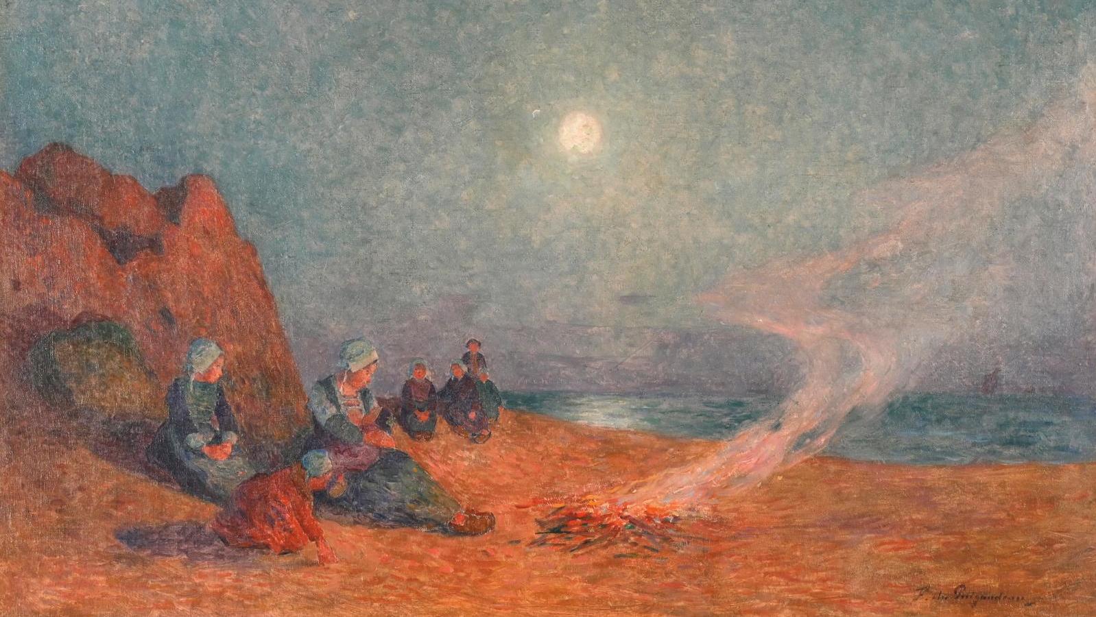 Ferdinand Loyen du Puigaudeau (1864-1930), Le Pouldu, le feu sur la plage (The Fire... Light in the Night by Ferdinand Loyen du Puigaudeau