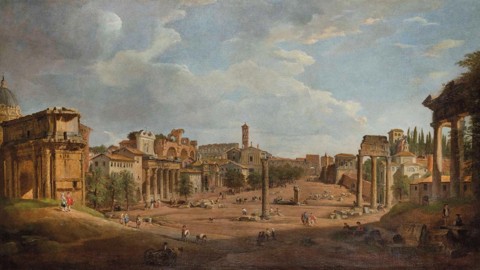 Giovanni Paolo Panini (1691-1765), Vue du Forum romain prise du Capitole, toile,... Le forum romain vu par Panini