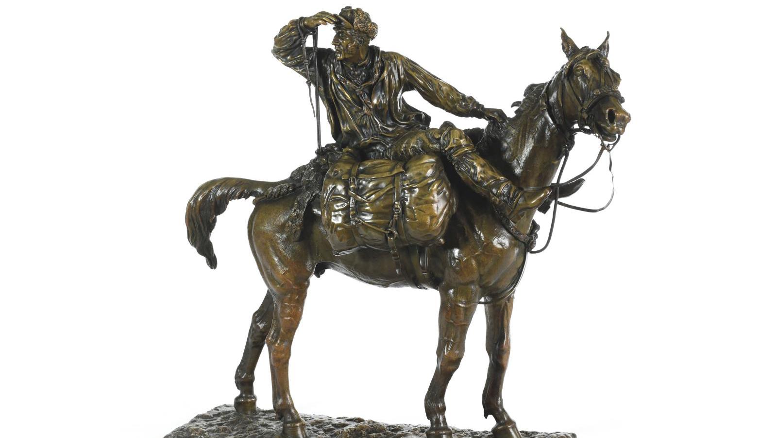 Arthur du Passage (1838-1909), Le Contrebandier de tabac, bronze à patine brun nuancé,... Un contrebandier du comte Arthur du Passage