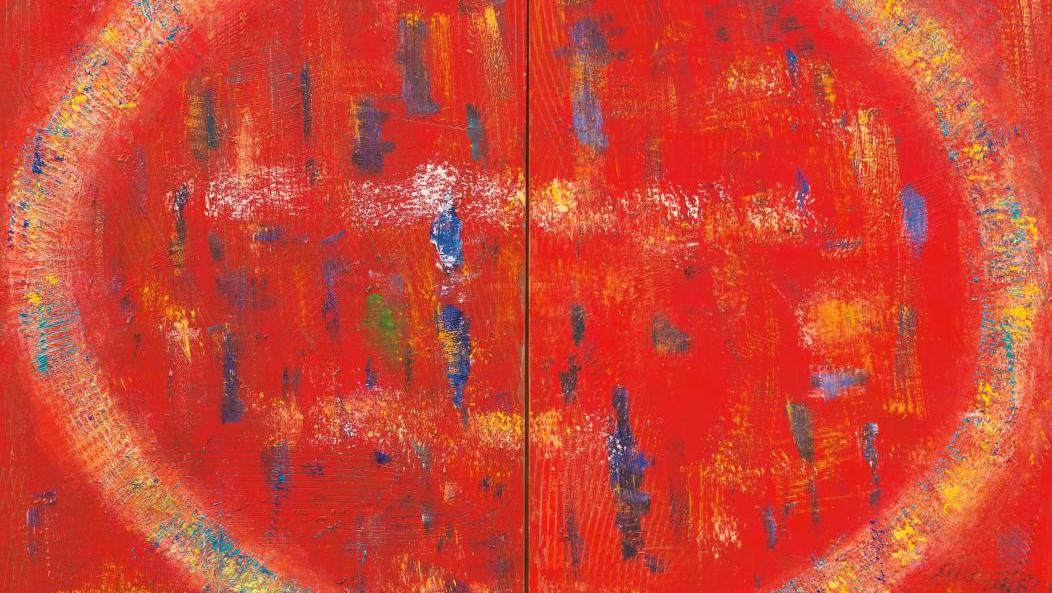 Fahr-el-Nissa Zeid (1901-1991), Diptyque fond rouge, huile sur toile, 150 x 100 cm.... Fahr-el-Nissa Zeid en rouge et rouge