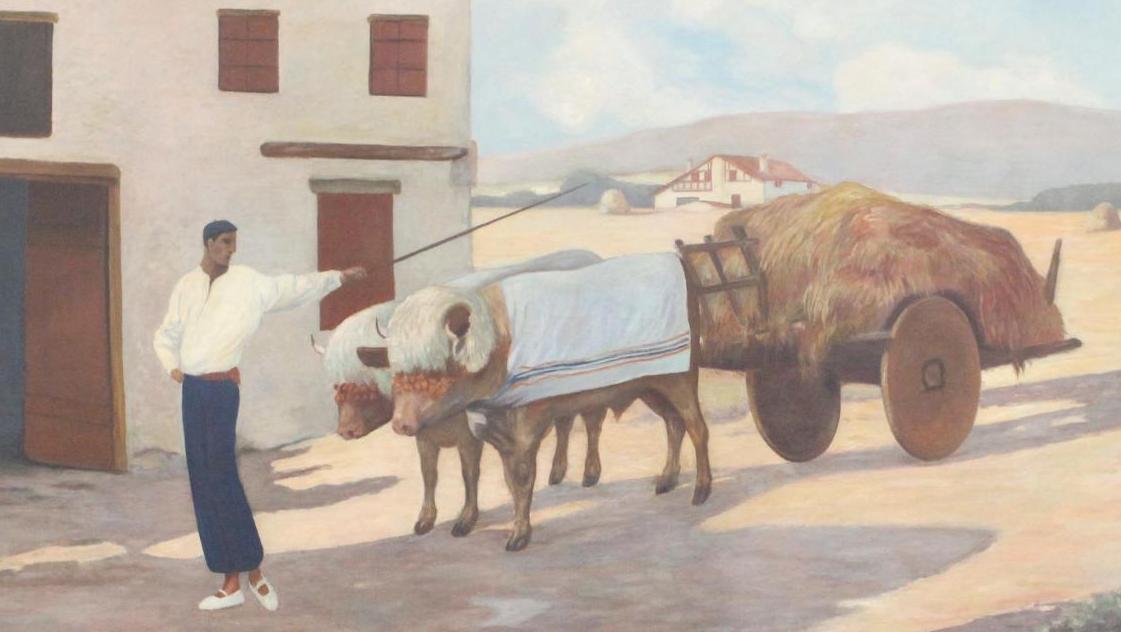 Louis Floutier (1882-1936), Grand paysage basque au bouvier, 1923, huile sur toile... L’été au soleil  du Pays basque